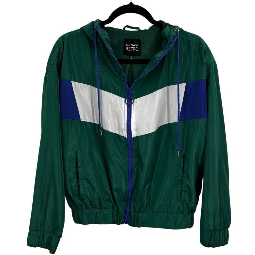 Urban Retro Y2K Windbreaker Hoodie Jacket Green Blue White‎ Size Medium